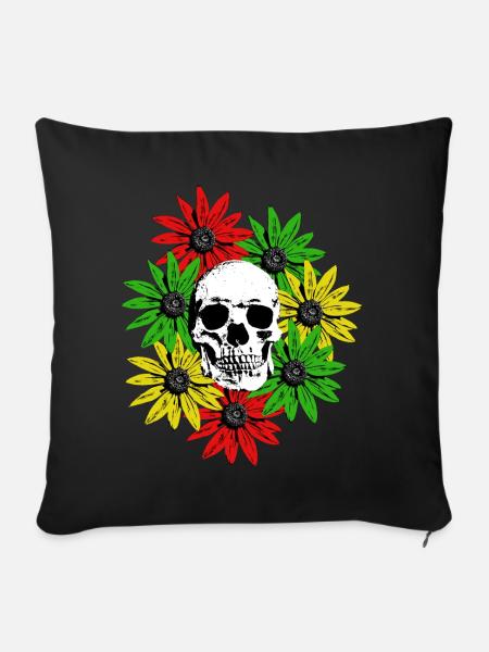 Blumen gerahmter Totenkopf - Sofakissenbezug 45 x 45 cm - Schwarz