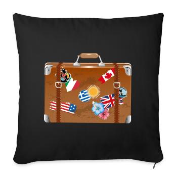 vieille valise de voyage avec des autocollants de divers pays - Housse de coussin décorative 45 x 45 cm - noir - Devant