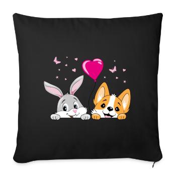 Lapin souriant et chien corgi avec ballon - Housse de coussin décorative 45 x 45 cm - noir - Devant