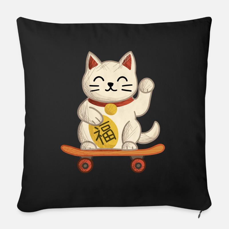 Maneki-neko Katzen-Skateboard - Sofakissenbezug 45 x 45 cm - Schwarz