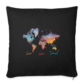 Live Love Travel, carte du monde - Housse de coussin décorative 45 x 45 cm - noir - Devant