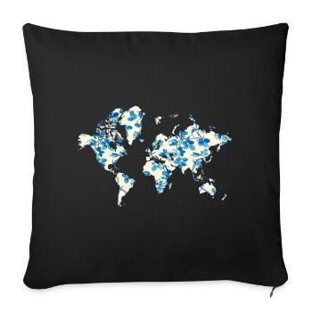 Carte du monde Fleurs Bleues - Housse de coussin décorative 45 x 45 cm - noir - Devant