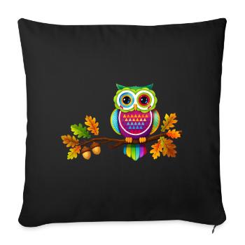 Hibou coloré sur une branche avec des feuilles d’automne - Housse de coussin décorative 45 x 45 cm - noir - Devant