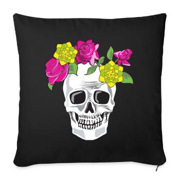 Totenkopf mit Blumen - Sofakissenbezug 45 x 45 cm - Schwarz - Vorne