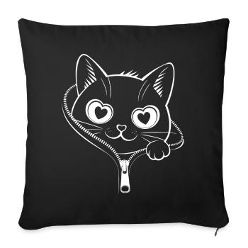 Chat à fermeture éclair mignon - Kawaii Heart Eyes Kitty - Housse de coussin décorative 45 x 45 cm - noir - Devant