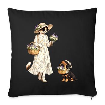 Chat fleuri & teckel dans le style Cottagecore - Housse de coussin décorative 45 x 45 cm - noir - Devant