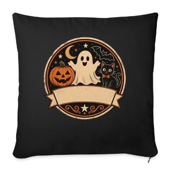 T-shirt Chat Citrouille Fantôme Halloween Rétro - Housse de coussin décorative 45 x 45 cm - noir - Devant
