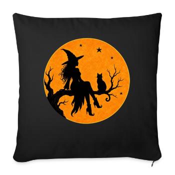 Sorcière d’Halloween avec un motif de t-shirt de chat en pleine lune - Housse de coussin décorative 45 x 45 cm - noir - Devant