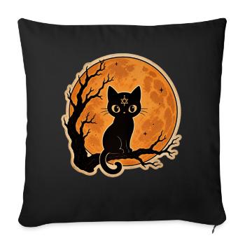 Chat noir devant une pleine lune Motif d’Halloween - Housse de coussin décorative 45 x 45 cm - noir - Devant