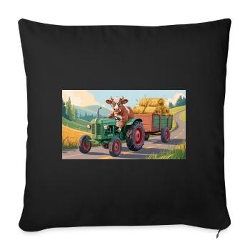 Vache sur tracteur vert avec chariot à foin - Housse de coussin décorative 45 x 45 cm - noir - Devant