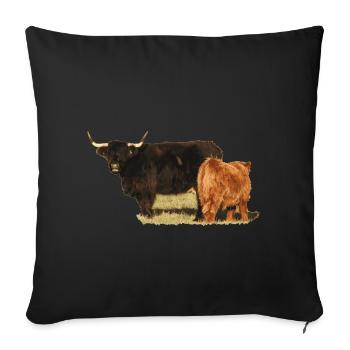 Kuh und Kalb der Highland Cattle - Sofakissenbezug 45 x 45 cm - Schwarz - Vorne