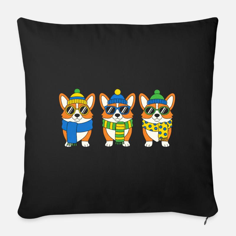 Winter-Corgi-Trio mit Accessoires - Sofakissenbezug 45 x 45 cm - Schwarz