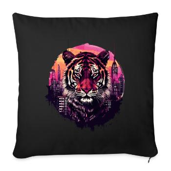 tiger, tiger head, big cat, predator, city, neon - Sofa pillowcase 17,3'' x 17,3'' (45 x 45 cm) - black - Front
