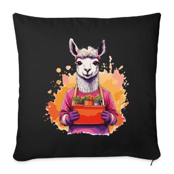 Lama im Garten mit Blumenkorb - Sofakissenbezug 45 x 45 cm - Schwarz - Vorne