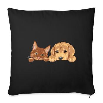 Chat roux et chien chiot Golden Retriever - Housse de coussin décorative 45 x 45 cm - noir - Devant