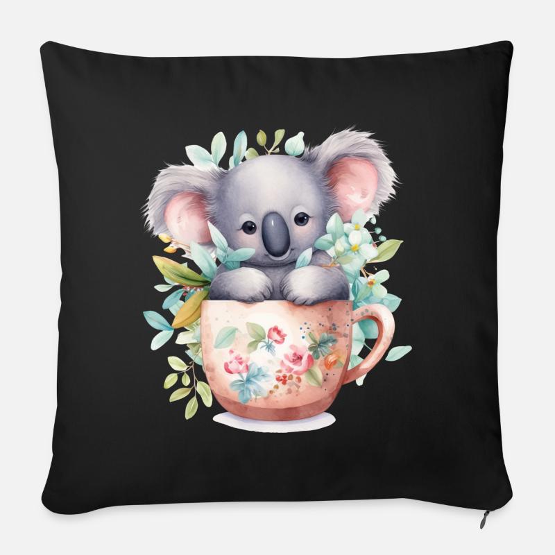 Koala mignon avec de jolies fleurs dans une tasse - Housse de coussin décorative 45 x 45 cm - noir