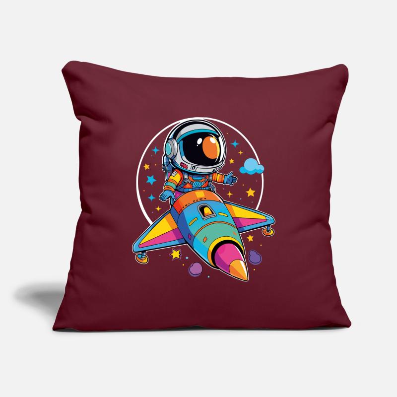 Petit astronaute dans un vaisseau spatial coloré dans l’espace Housse de coussin décorative 45 x 45 cm
