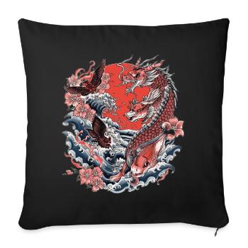 Koi, Waves and Cherry Blossom - Sofa pillowcase 17,3'' x 17,3'' (45 x 45 cm) - black - Front