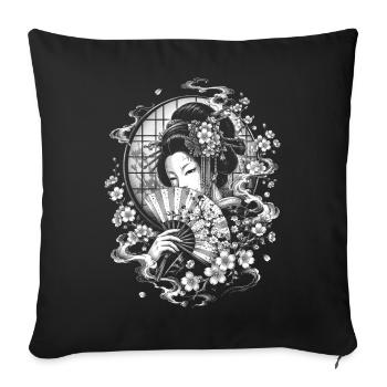 Japanese Geisha with Fan in Tattoo Style - Sofa pillowcase 17,3'' x 17,3'' (45 x 45 cm) - black - Front
