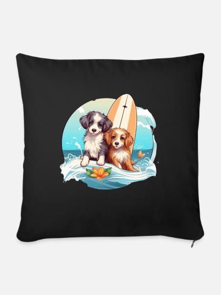 Zwei Surfhunde - Sofakissenbezug 45 x 45 cm - Schwarz