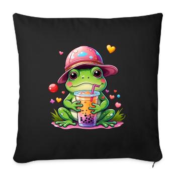 Grenouille mignonne en casquette de baseball buvant de la limonade - Housse de coussin décorative 45 x 45 cm - noir - Devant