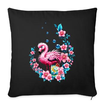 Flamant rose élégant avec des fleurs tropicales. - Housse de coussin décorative 45 x 45 cm - noir - Devant