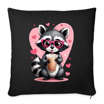 Süßer Waschbär mit Kaffee, umgeben von Herzen - Sofakissenbezug 45 x 45 cm - Schwarz - Vorne
