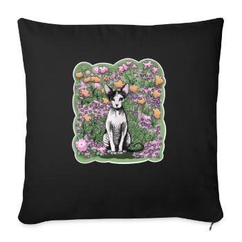 Illustration d’un chat sphynx parmi les fleurs - Housse de coussin décorative 45 x 45 cm - noir - Devant