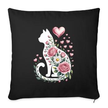 Flower Cat Silhouette Roses Hearts - Sofa pillowcase 17,3'' x 17,3'' (45 x 45 cm) - black - Front
