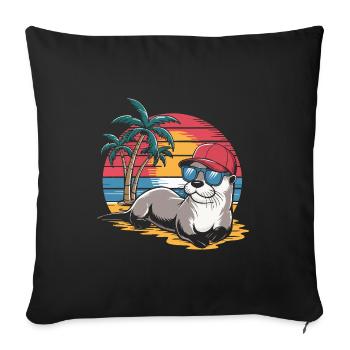 Loutre avec lunettes de soleil et casquette de baseball sur la plage - Housse de coussin décorative 45 x 45 cm - noir - Devant