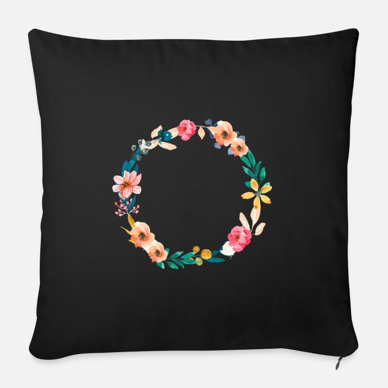 Belle couronne de fleurs - personnalisable - Housse de coussin décorative 45 x 45 cm - noir