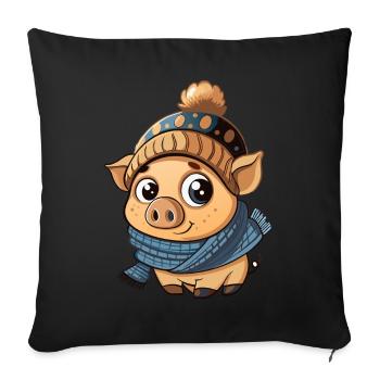 Cute piggy with scarf and bobble hat. - Sofa pillowcase 17,3'' x 17,3'' (45 x 45 cm) - black - Front