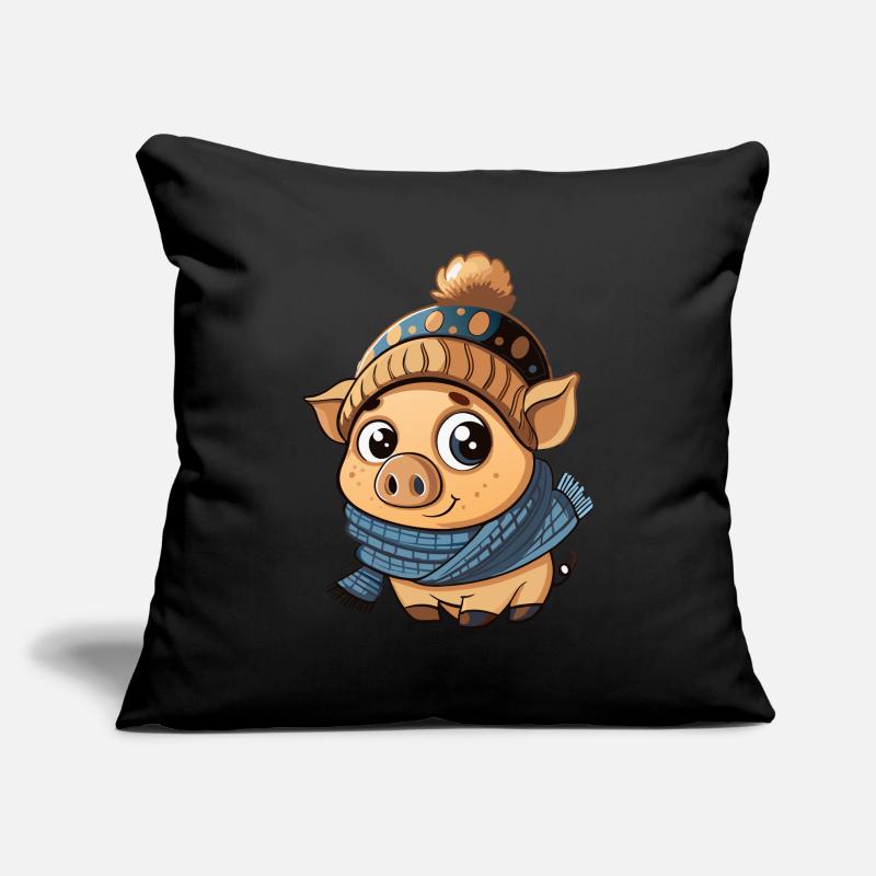 Mignon cochon avec écharpe et chapeau à pompon. Housse de coussin décorative 45 x 45 cm