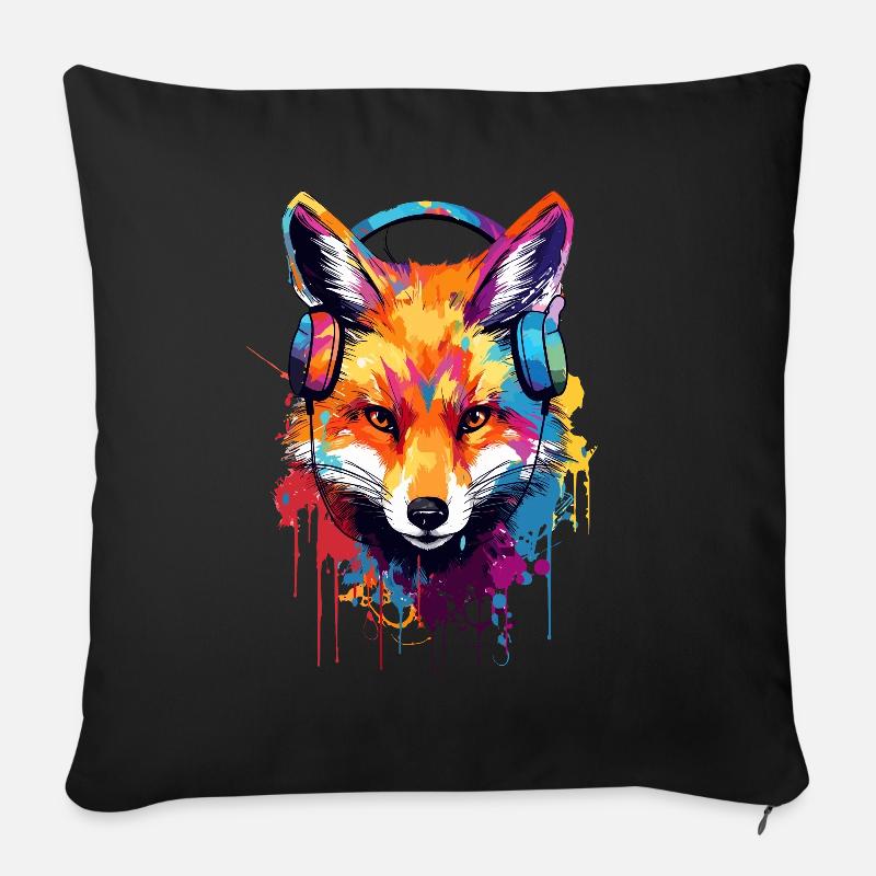 Bunter Fuchs mit Kopfhörer - Sofakissenbezug 45 x 45 cm - Schwarz
