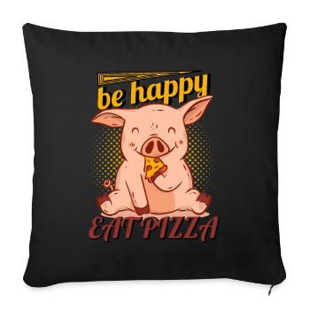 Cochon heureux mange pizza illustration - Housse de coussin décorative 45 x 45 cm - noir - Devant