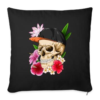 Crâne avec chapeau et fleurs - Housse de coussin décorative 45 x 45 cm - noir - Devant