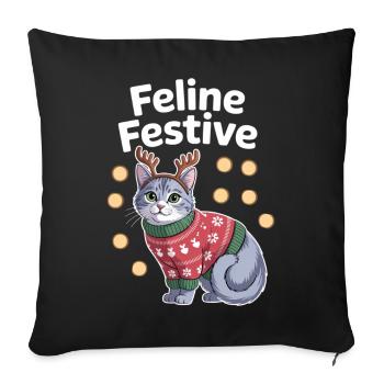 Chat de Noël festif félin avec des bois - Housse de coussin décorative 45 x 45 cm - noir - Devant