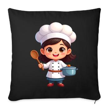 Kleine Köchin mit Kochlöffel & Topf – Kawaii-Comic - Sofakissenbezug 45 x 45 cm - Schwarz - Vorne