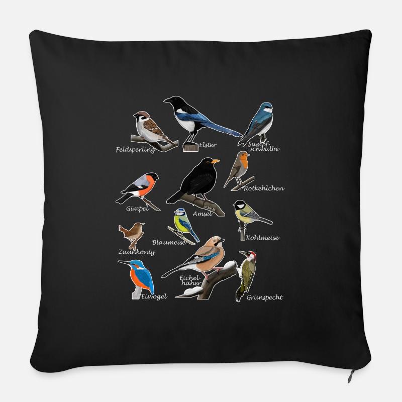 Gartenvögel Vogel Zeichnung Amsel Blaumeise Gimpel - Sofakissenbezug 45 x 45 cm - Schwarz
