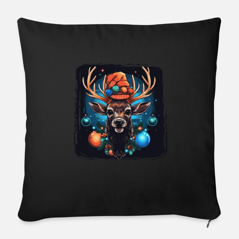 Rentier mit Weihnachtskugeln und Mütze - Sofakissenbezug 45 x 45 cm - Schwarz