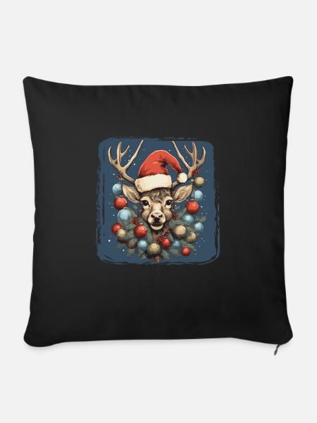 Rentier mit Weihnachtskugeln und Mütze - Sofakissenbezug 45 x 45 cm - Schwarz