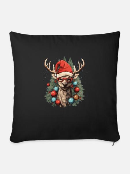 Rentier mit Weihnachtskugeln und Mütze - Sofakissenbezug 45 x 45 cm - Schwarz
