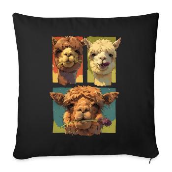 Süßes Alpaka-Trio, lustige Alpaka-Gesichter, bunt - Sofakissenbezug 45 x 45 cm - Schwarz - Vorne