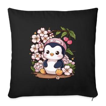 Dessin animé Kawaii Pingouin aux cerises - Housse de coussin décorative 45 x 45 cm - noir - Devant