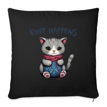 Knit Happens - Knitting Gray Cat with Yarn - Sofa pillowcase 17,3'' x 17,3'' (45 x 45 cm) - black - Front