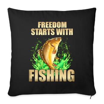 Angler Shirt Spruch Freiheit beginnt mit Angeln - Sofakissenbezug 45 x 45 cm - Schwarz - Vorne