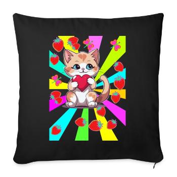80s Teen Summer Strawberry Cat Cats Child Heart - Sofa pillowcase 17,3'' x 17,3'' (45 x 45 cm) - black - Front