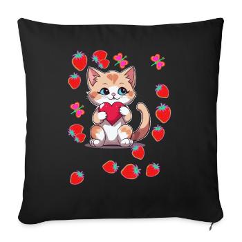 Années 80 Rétro Chat Chats Fraises Fraise Enfants - Housse de coussin décorative 45 x 45 cm - noir - Devant