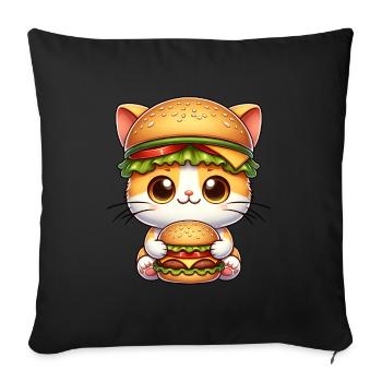 Chat fantaisiste avec chapeau de cheeseburger Fast - Housse de coussin décorative 45 x 45 cm - noir - Devant