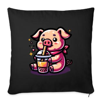 Bubble Tea Cochon Boba Tea Kawaii Cadeau - Housse de coussin décorative 45 x 45 cm - noir - Devant